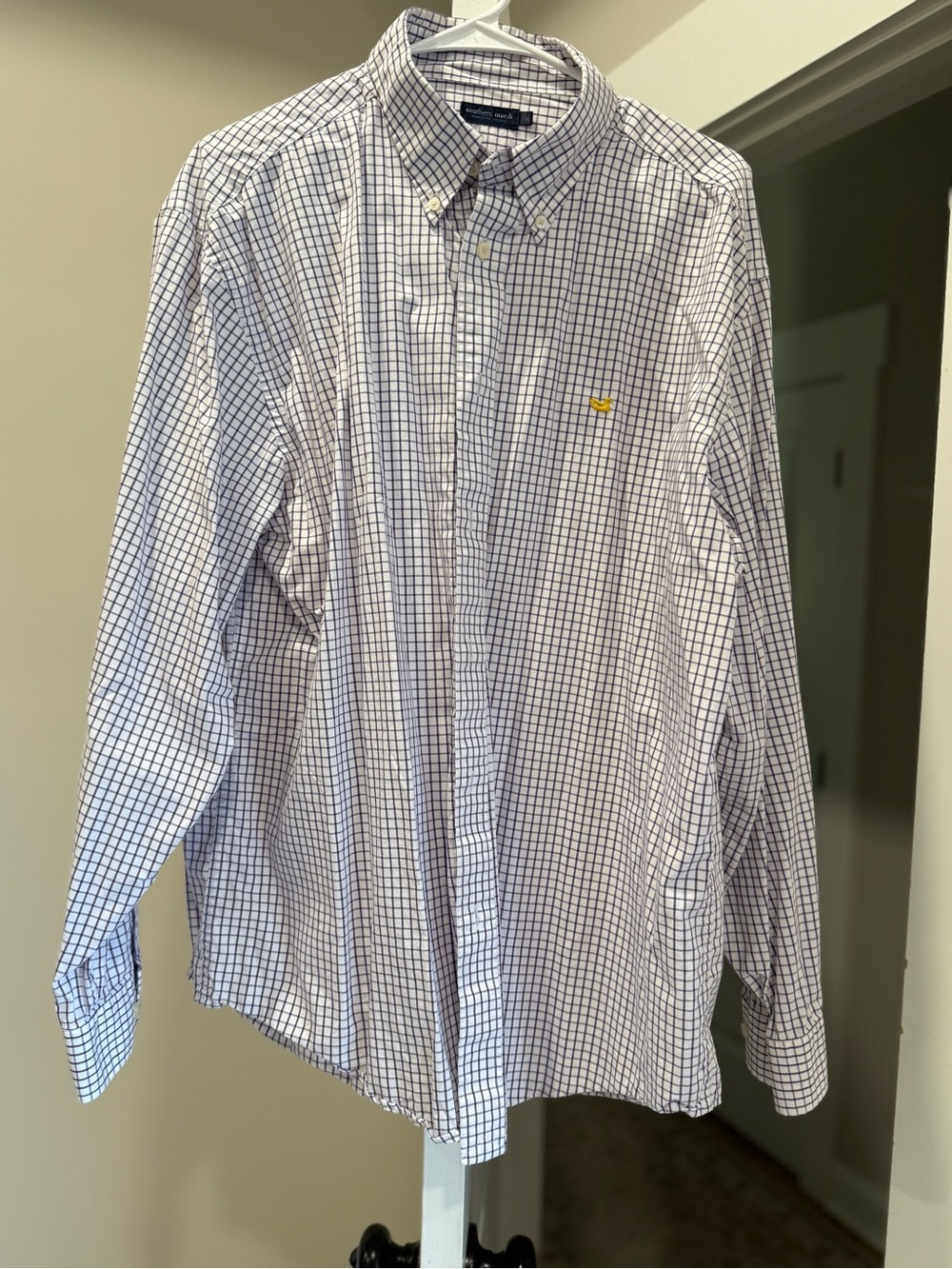 Southern Marsh White Button-Down Shirt with Purple Windowpane Check